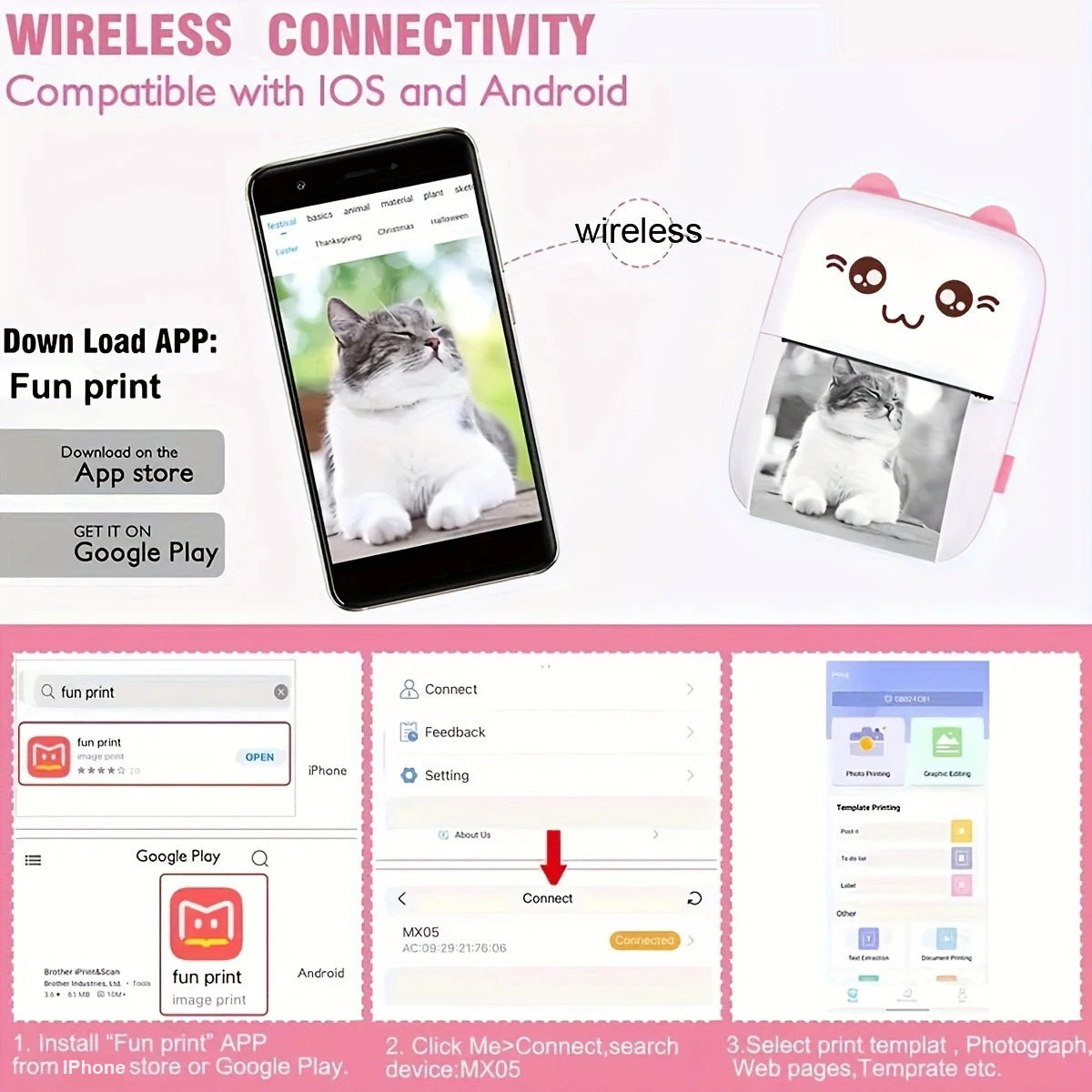 Portable Mini Wireless Printer, Print Photos, Ink-free Thermal Printer, Memos, Lists, Christmas, Halloween, Thanksgiving Gifts