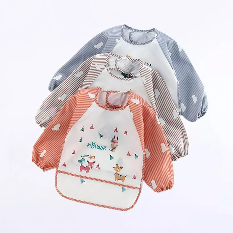 Baby Bibs Cute Colorful Cartoon Waterproof Bib Infant Eating Children Drawing Long Sleeve Pocket Apron Self Feeding Baby 0-3Y