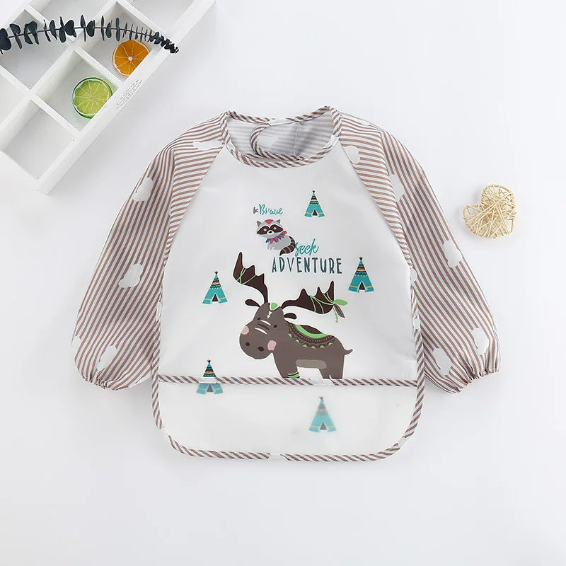 Baby Bibs Cute Colorful Cartoon Waterproof Bib Infant Eating Children Drawing Long Sleeve Pocket Apron Self Feeding Baby 0-3Y